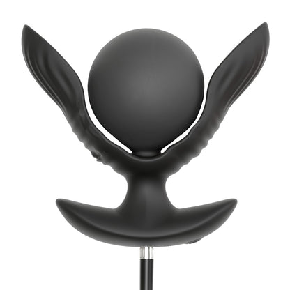 ANOS vibrierender Expander Plug in Schwarz – Produktansicht mit kugelförmigem Einsatz zwischen den geöffneten Expander-Elementen