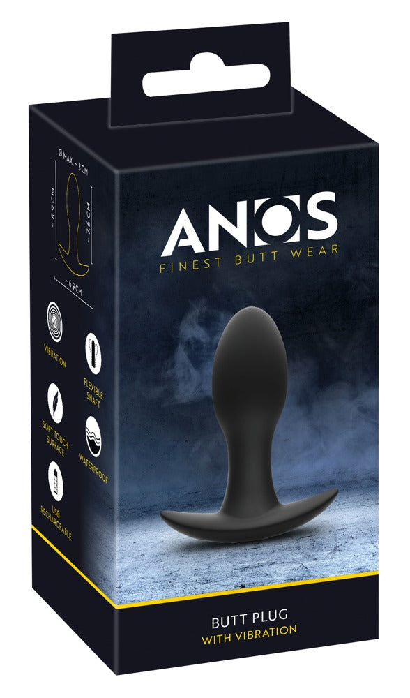 ANOS Vibro-Analplug mit 20 Vibrationsmodi – Produktansicht zusammen mit der schwarzen ANOS Verpackung