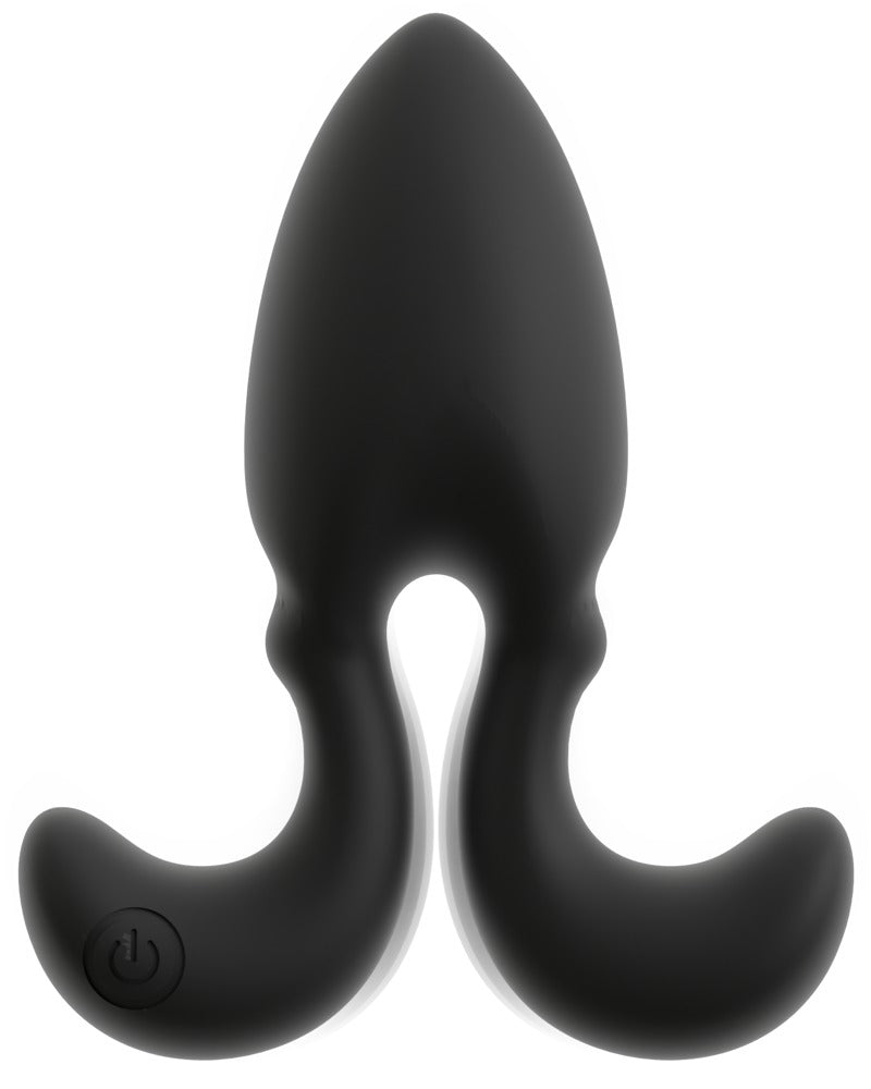 ANOS Vibro-Analplug in Schwarz – frontale Produktansicht mit weit nach außen geschwungenen flexiblen Seitenarmen