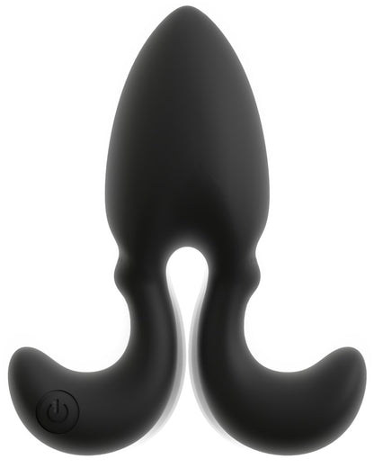 ANOS Vibro-Analplug in Schwarz – frontale Produktansicht mit weit nach außen geschwungenen flexiblen Seitenarmen