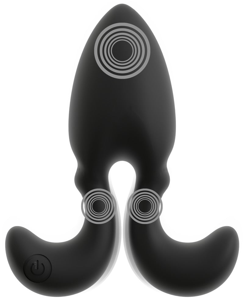 ANOS Vibro-Analplug mit Flexible Arms – Rückansicht des schwarzen Produkts mit integriertem Bedienelement und Remote-Funktion