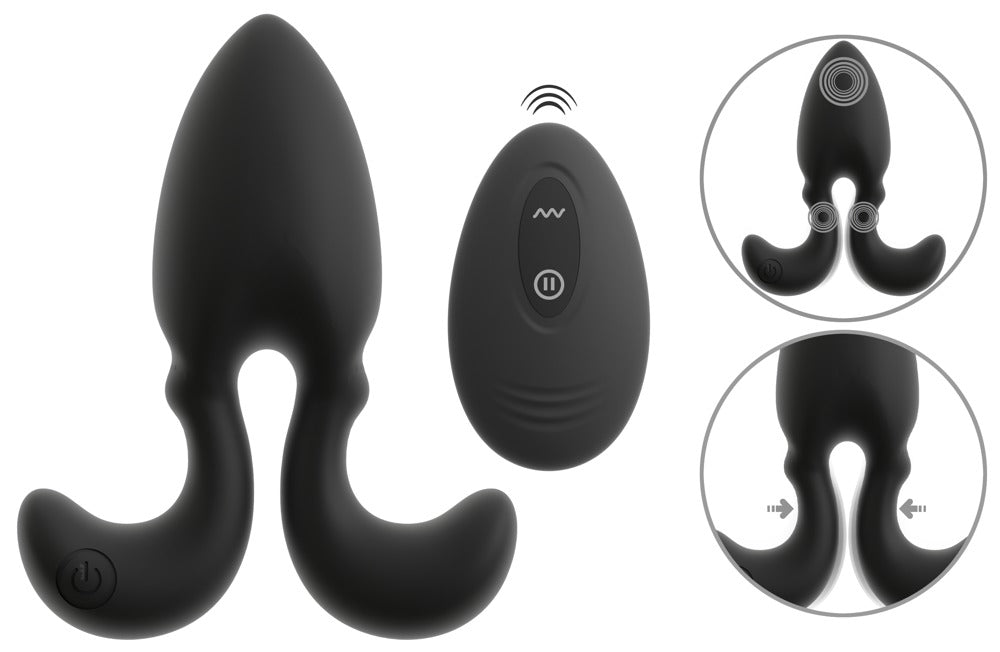 ANOS Vibro-Analplug in Schwarz – Produktübersicht mit flexiblen Seitenarmen, Remote und Detailansichten der beweglichen Form