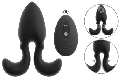 ANOS Vibro-Analplug in Schwarz – Produktübersicht mit flexiblen Seitenarmen, Remote und Detailansichten der beweglichen Form