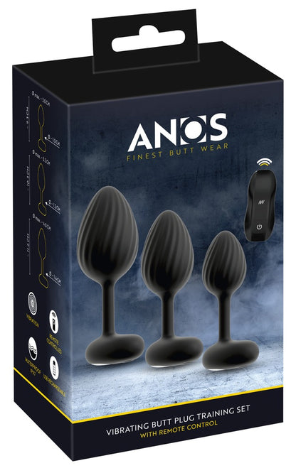 ANOS Vibro-Analplug-Set für Analtraining – drei schwarze Analplugs zusammen mit der schwarzen ANOS Verpackung
