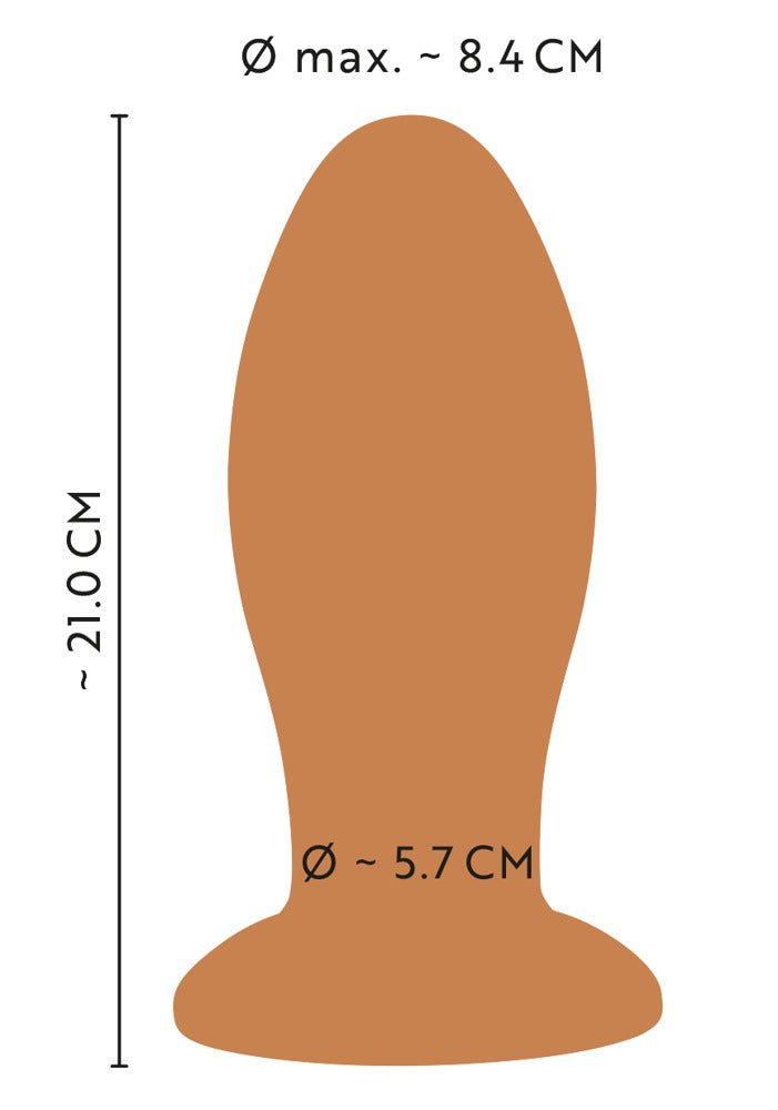 ANOS XL Analplug aus Liquid Silicone – Maßgrafik der Frontansicht mit dargestellten Abmessungen von Schaft und Saugfuß