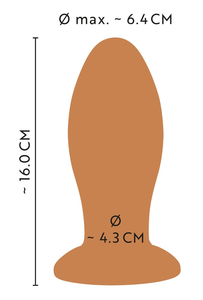 ANOS XL Analplug aus Liquid Silicone – Maßgrafik der orangefarbenen Seitenansicht mit dargestellten Produktabmessungen
