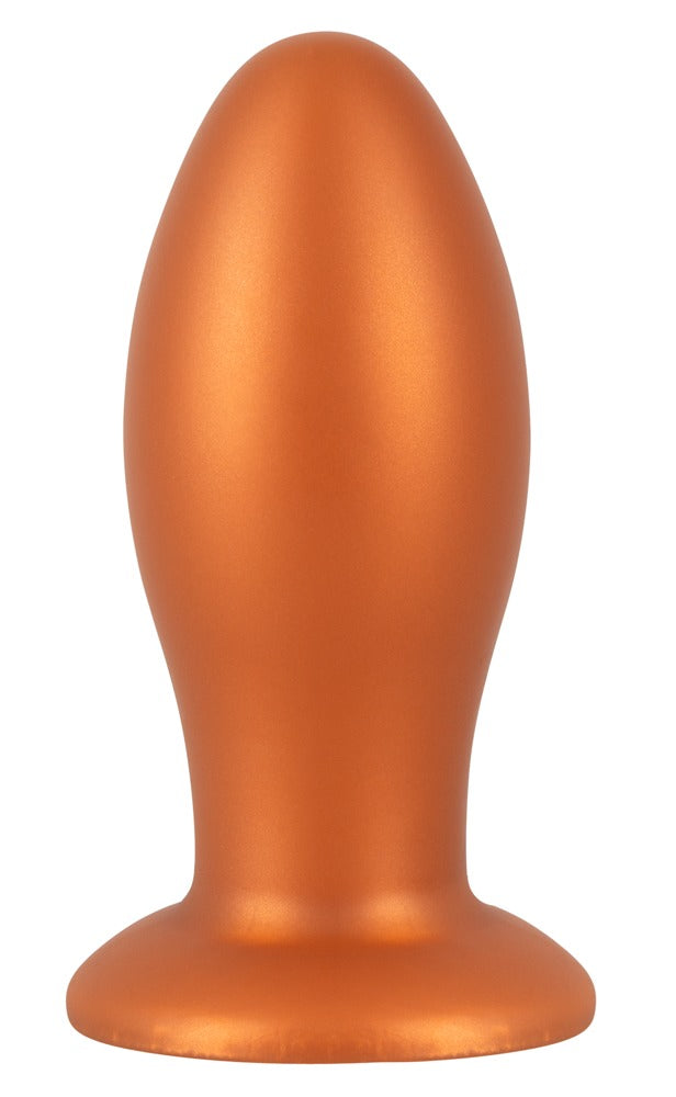 ANOS XL Analplug aus Liquid Silicone in Orange – frontale Produktansicht mit abgerundeter Spitze und breitem Saugfuß