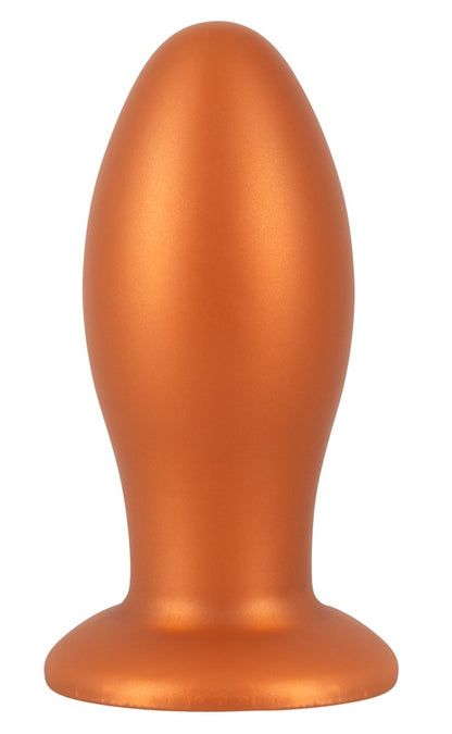 ANOS XL Analplug aus Liquid Silicone in Orange – frontale Produktansicht mit abgerundeter Spitze und breitem Saugfuß