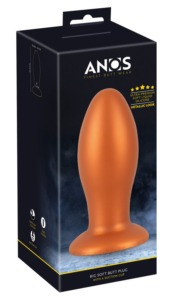 ANOS XL Analplug aus Liquid Silicone mit Saugfuß – orangefarbener Analplug zusammen mit der schwarzen ANOS Verpackung
