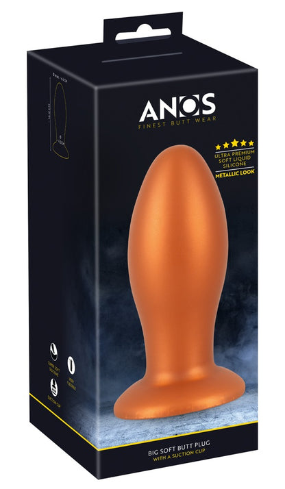 ANOS XL Analplug aus Liquid Silicone mit Saugfuß – orangefarbener Analplug zusammen mit der schwarzen ANOS Verpackung