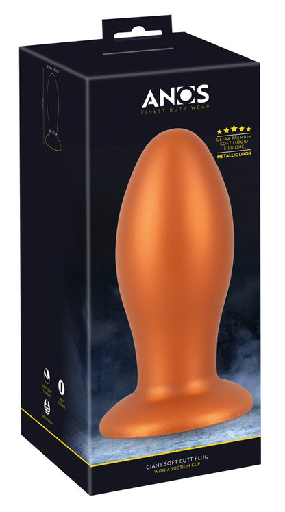 ANOS XL Analplug aus Liquid Silicone mit Saugfuß – Produktdarstellung auf der schwarzen ANOS Verkaufsverpackung