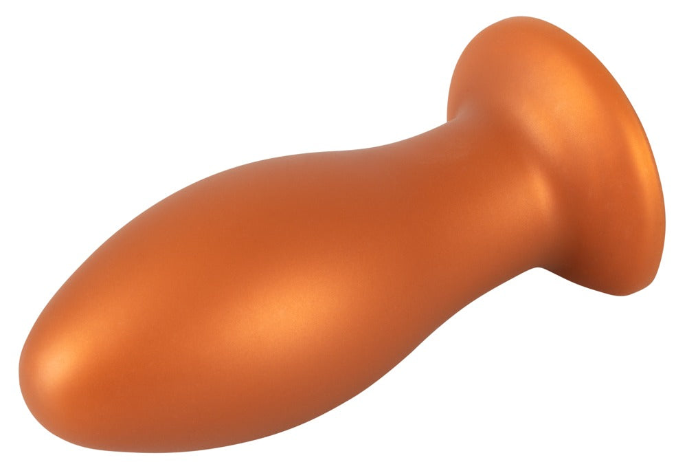 ANOS XL Analplug aus Liquid Silicone in Orange – weitere liegende Produktansicht mit breiter runder Saugbasis