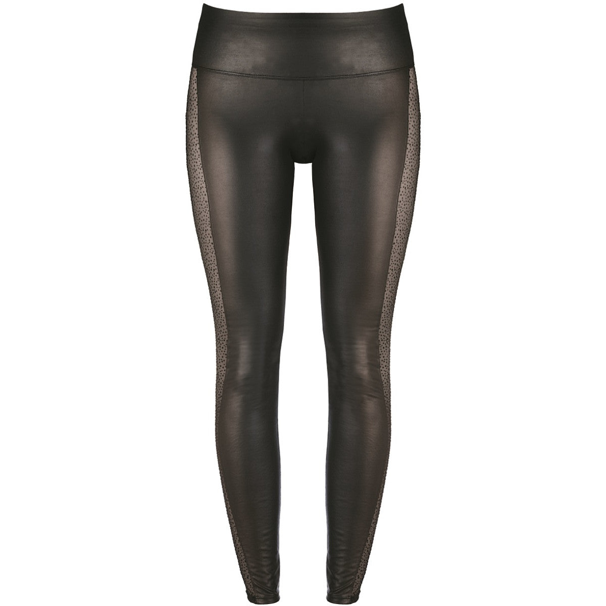 Axami schwarze Wetlook-Leggings als Produktbild in Vorderansicht mit langem Bein und glatter glänzender Oberfläche