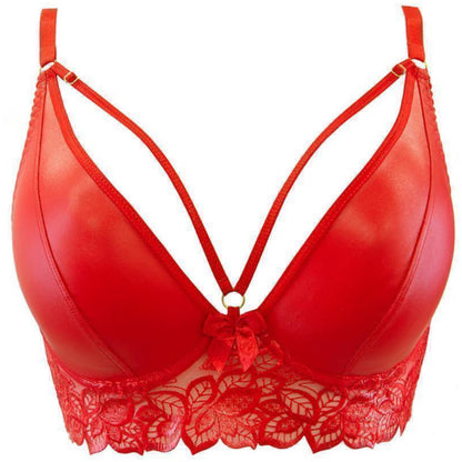 Axami V-10071 rotes Bustier in Vorderansicht mit glänzender Lederoptik, gepolsterten Bügelcups und dekorativer Spitze