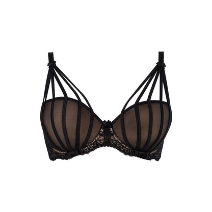 Axami V-7541 Farida Push-up-BH in Schwarz-Beige – Freisteller von vorne mit gepolsterten Cups, Tüll und floraler Spitze