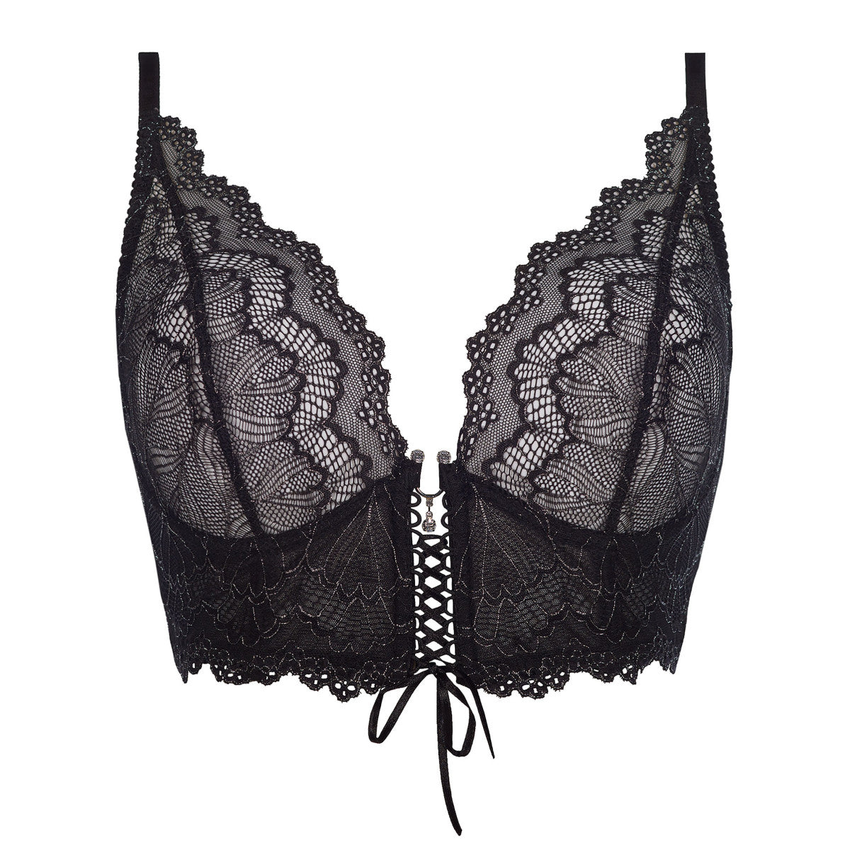 Axami V-7761 Bustier in Schwarz – Freisteller von vorne mit Silberdetails, Schmuckelement und Frontschnürung