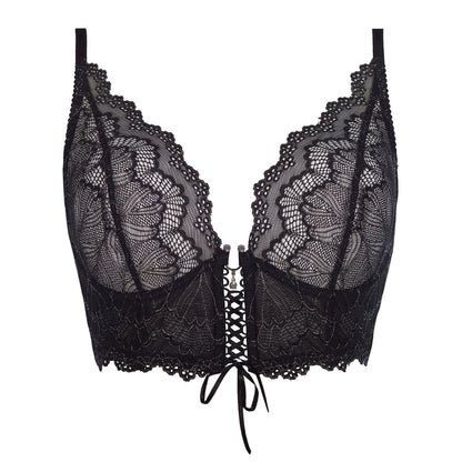 Axami V-7761 Bustier in Schwarz – Freisteller von vorne mit Silberdetails, Schmuckelement und Frontschnürung