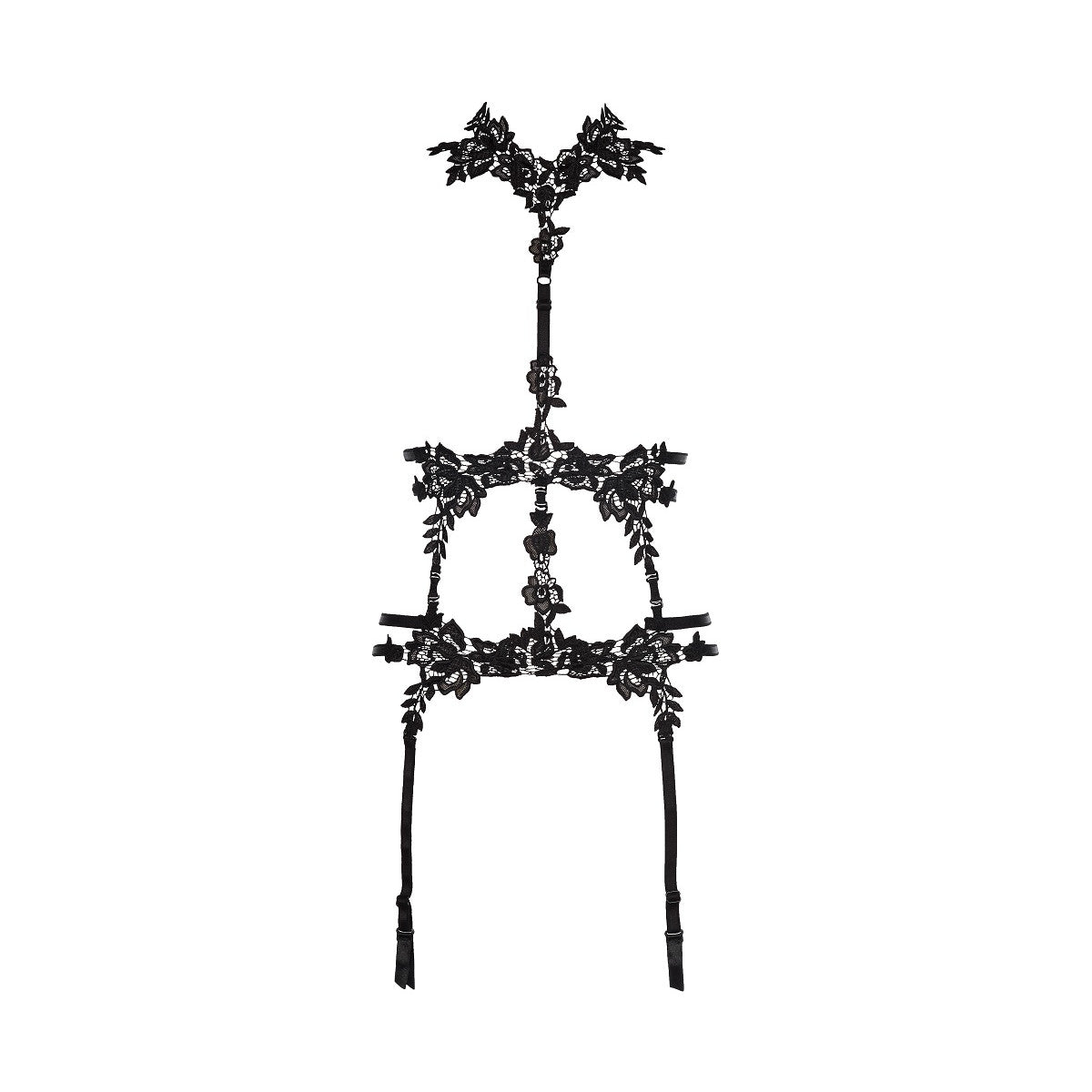 Axami V-8346 Spitzen-Harness in Schwarz – Freisteller von vorne mit Spitzen-Details und vier Strumpfhaltern