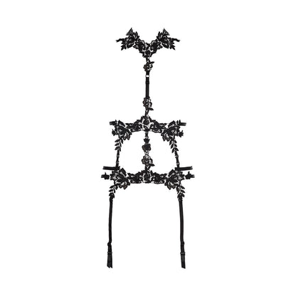 Axami V-8346 Spitzen-Harness in Schwarz – Freisteller von vorne mit Spitzen-Details und vier Strumpfhaltern