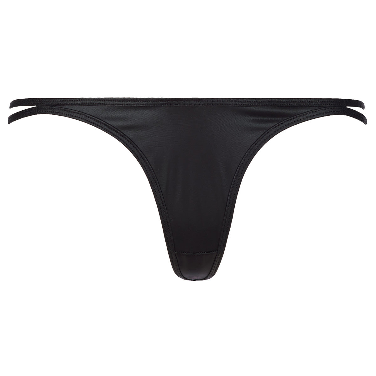 Axami V-8348 Wetlook-String in Schwarz – Freisteller von vorne mit doppelten elastischen Seitenriemchen