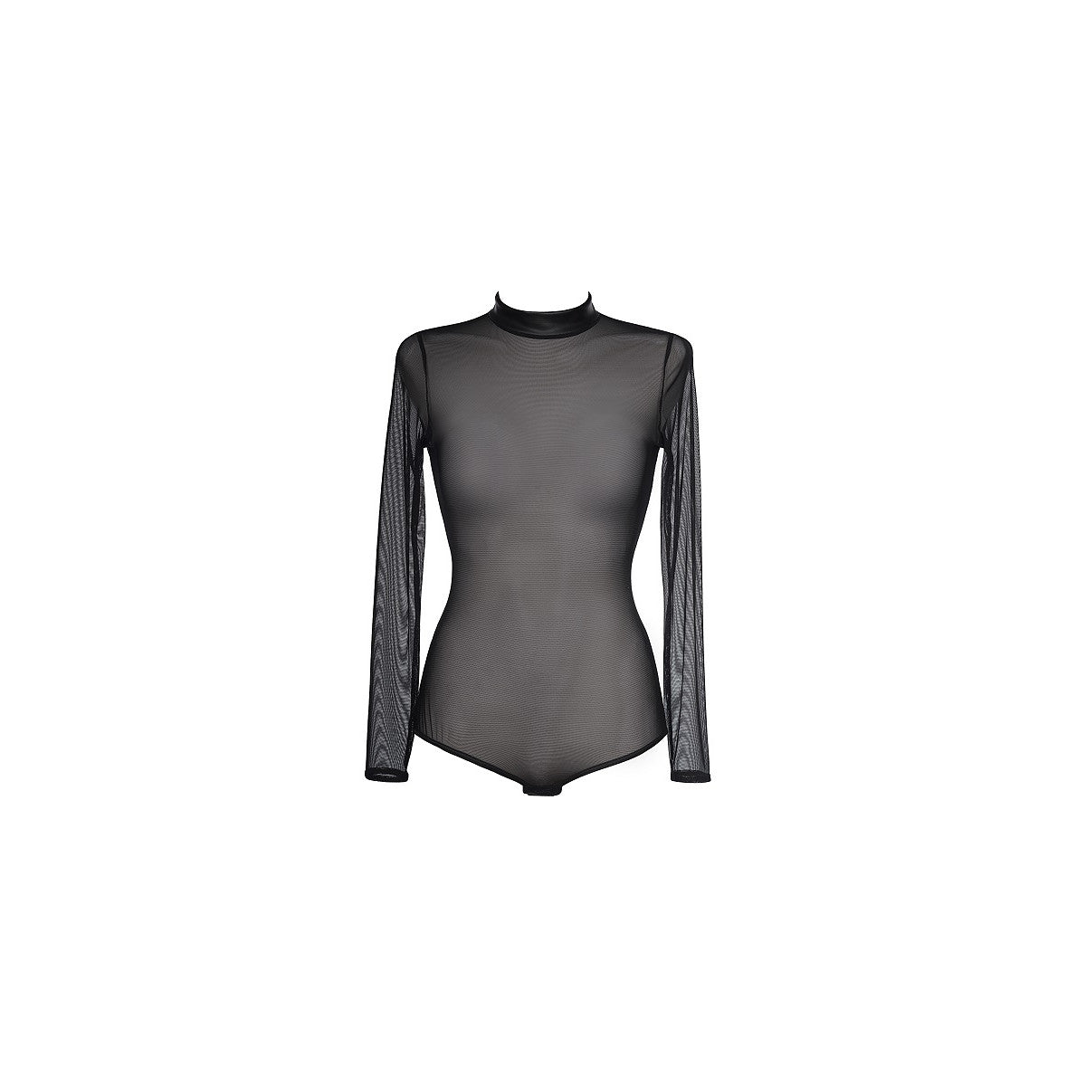 Axami V-8380 Langarm-Body in Schwarz – Freisteller von vorne mit transparentem Tüll und hochgeschlossenem Kragen