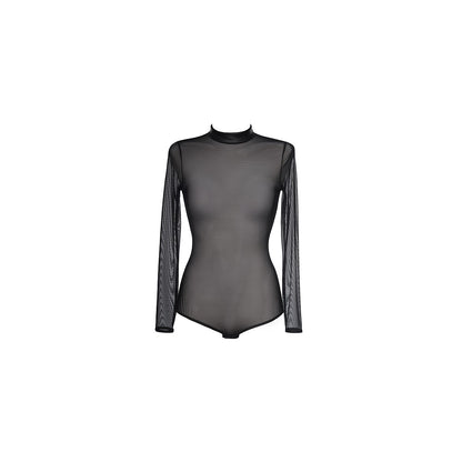 Axami V-8380 Langarm-Body in Schwarz – Freisteller von vorne mit transparentem Tüll und hochgeschlossenem Kragen