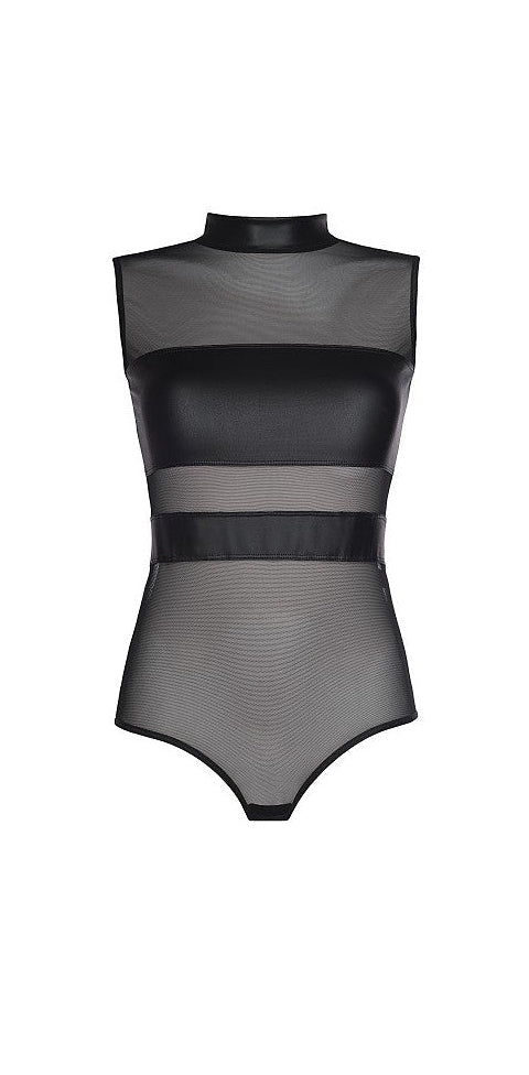 Axami V-8410 Body in Schwarz – Freisteller von vorne mit transparentem Tüll und blickdichten Wetlook-Flächen