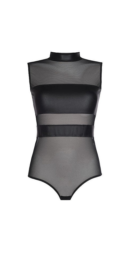 Axami V-8410 Body in Schwarz – Freisteller von vorne mit transparentem Tüll und blickdichten Wetlook-Flächen