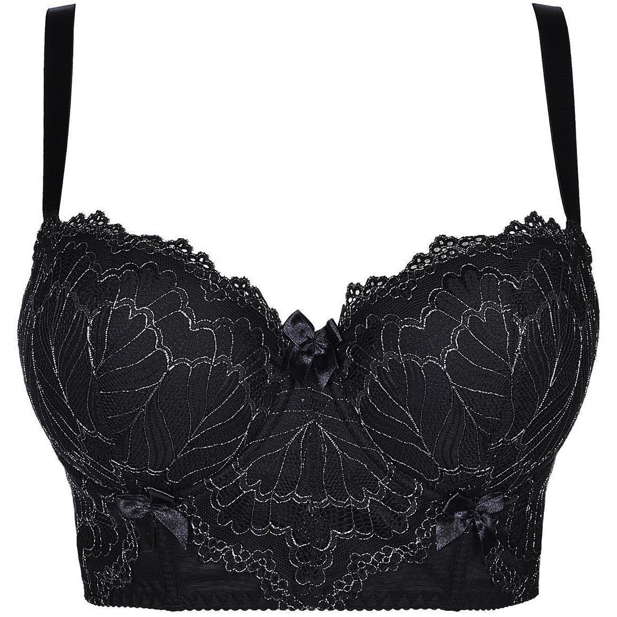 Axami V-8651PS schwarzer Plus-Size Bustier-BH in Vorderansicht mit floraler Spitze, Bügel-Cups und breitem Unterbrustbereich