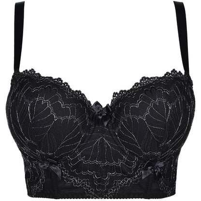 Axami V-8651PS schwarzer Plus-Size Bustier-BH in Vorderansicht mit floraler Spitze, Bügel-Cups und breitem Unterbrustbereich