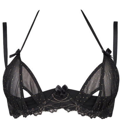 Axami V-8661PS schwarzer Plus-Size Neckholder-BH am Model in Seiten- und Rückansicht mit verstellbaren Trägern und Rückenverschluss