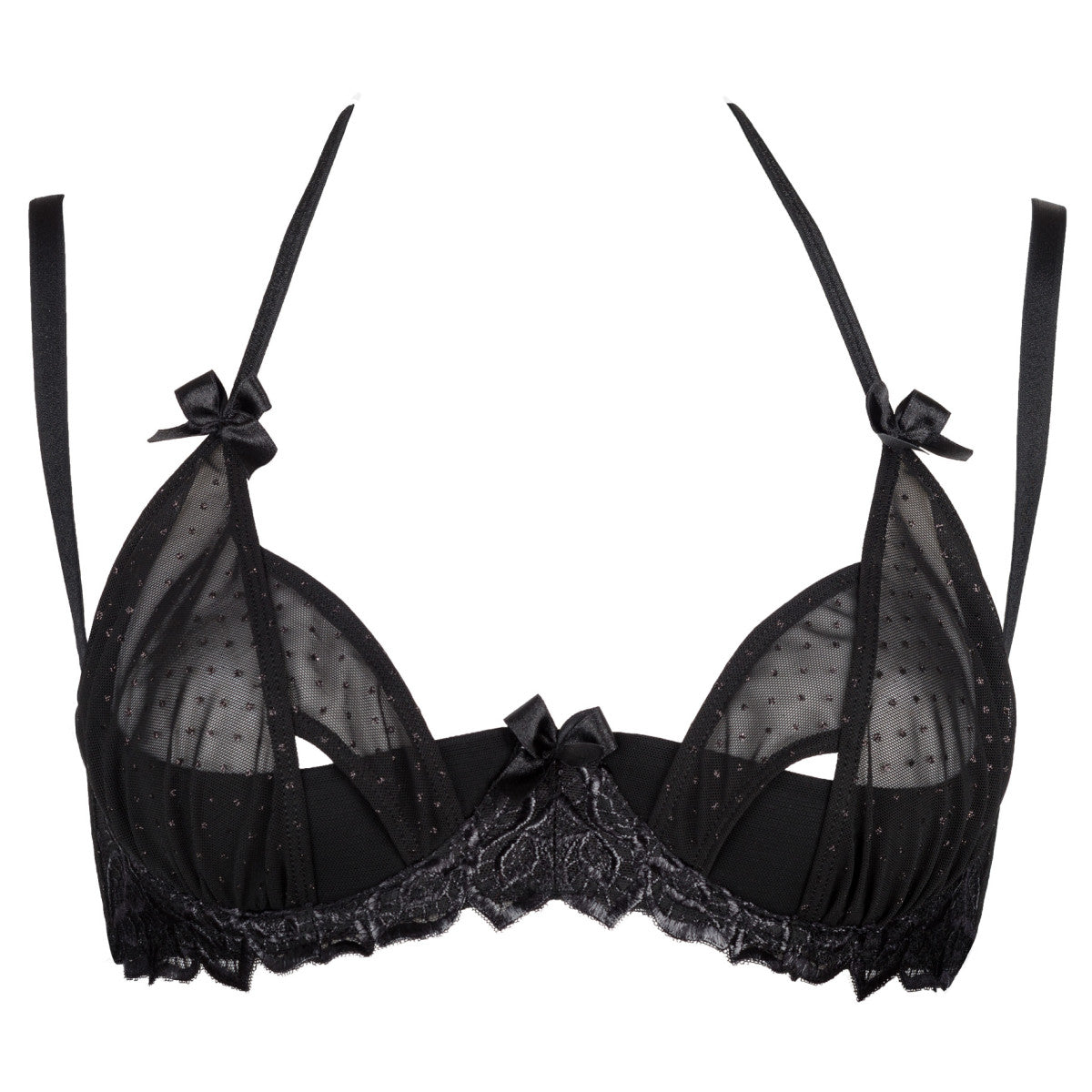 Axami V-8671PS schwarzer Plus-Size Bügel-BH in Vorderansicht mit transparentem Tüll, teilweise verstärkten Cups und Schleifendetails