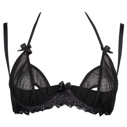 Axami V-8671PS schwarzer Plus-Size Bügel-BH in Vorderansicht mit transparentem Tüll, teilweise verstärkten Cups und Schleifendetails