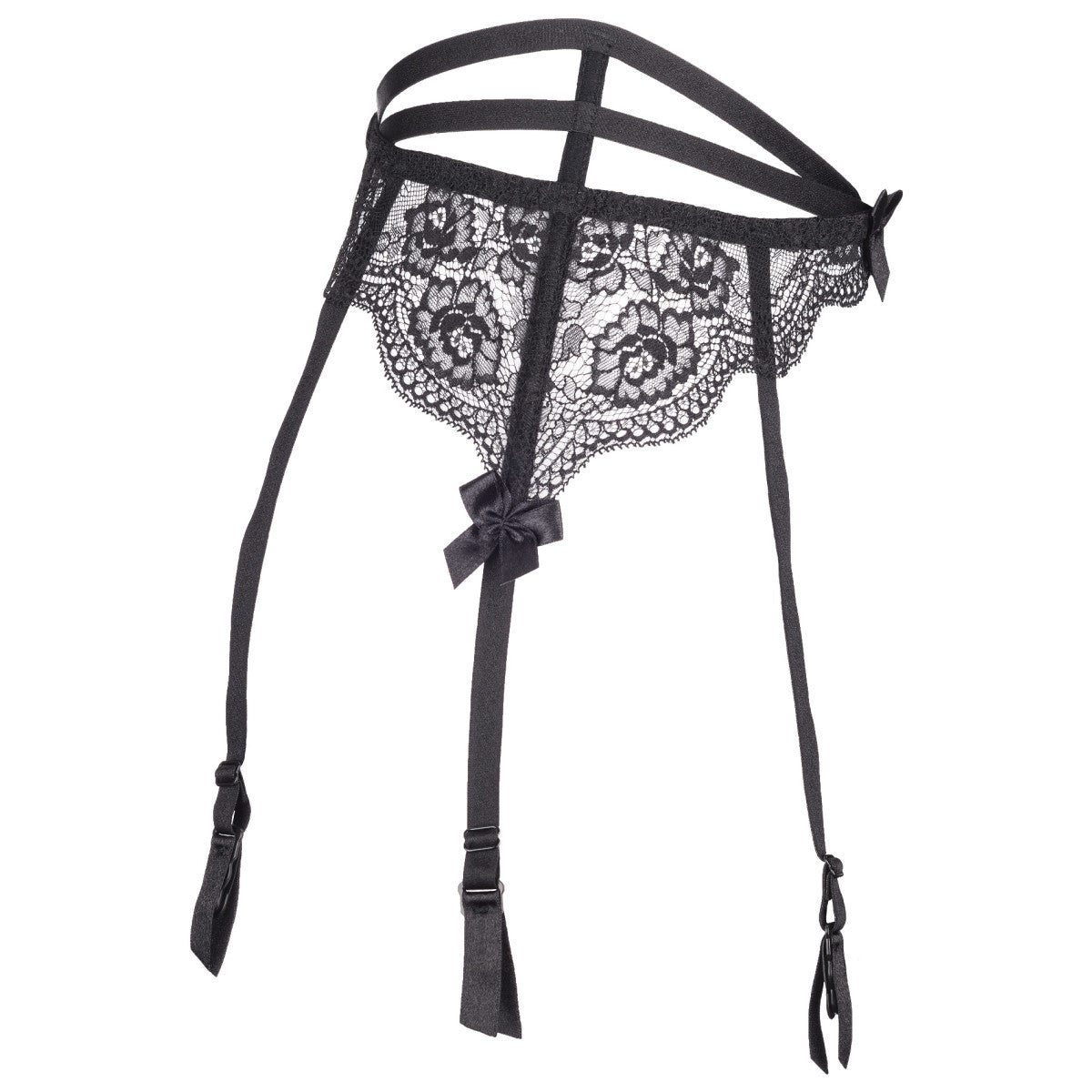 Axami V-8692PS schwarzer Plus-Size Strapsgürtel in Seitenansicht mit Spitze, diagonalen Riemen und langen verstellbaren Strumpfhaltern