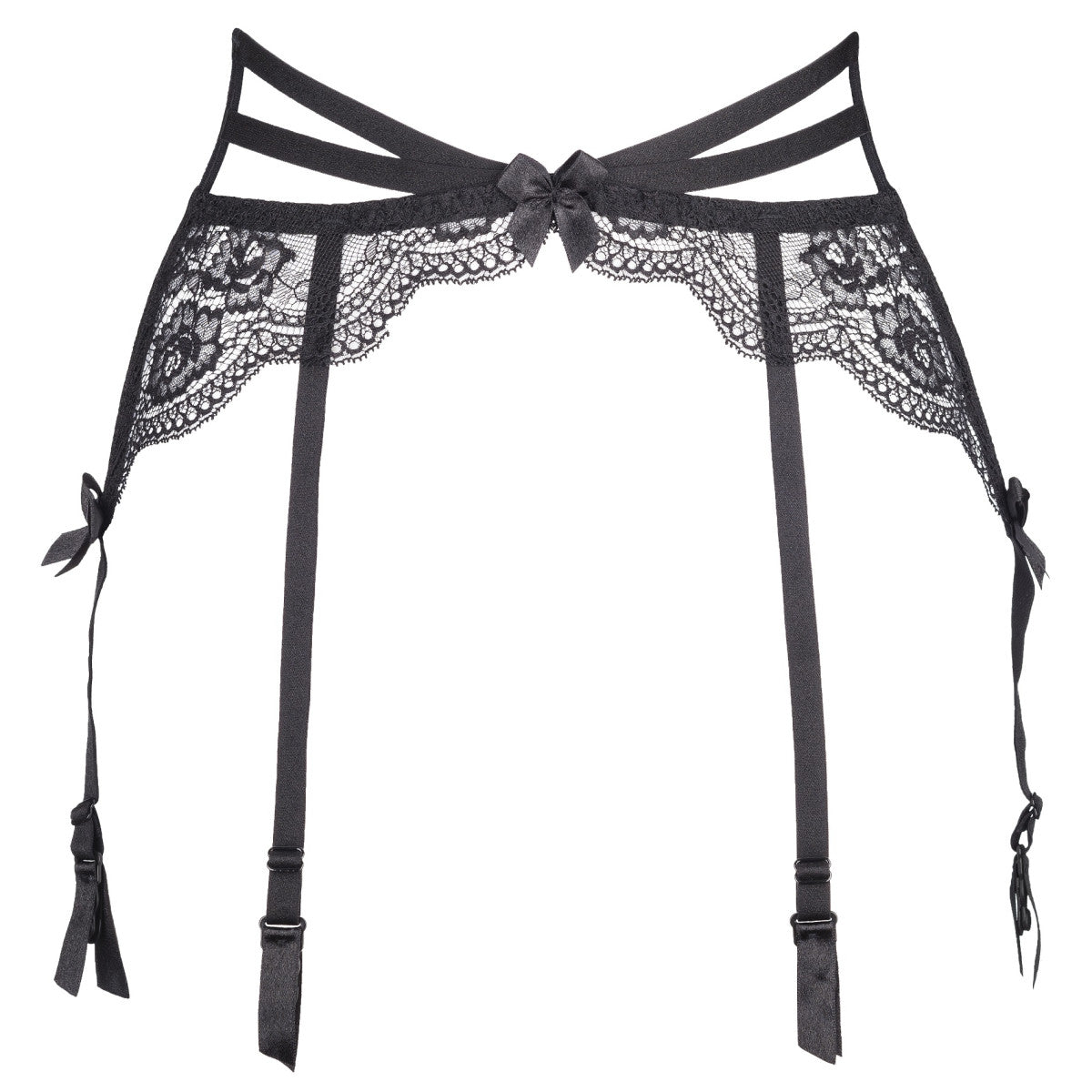 Axami V-8692PS schwarzer Plus-Size Strapsgürtel in Vorderansicht mit floraler Spitze, elastischen Riemen und sechs verstellbaren Strumpfhaltern