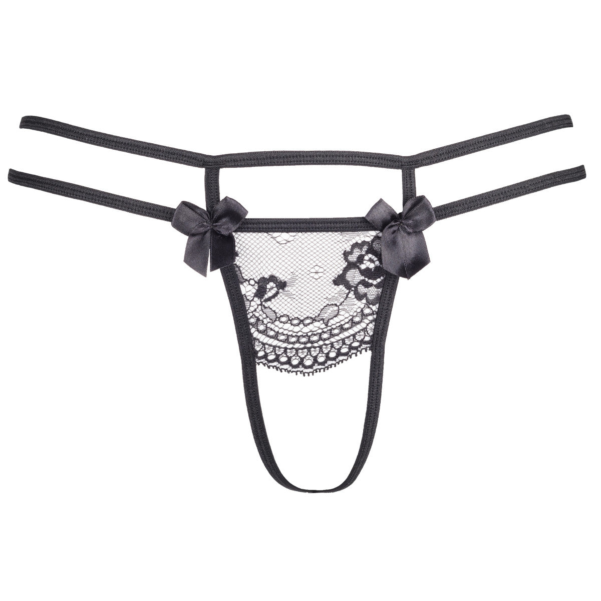 Axami V-8698PS schwarzer Plus-Size String in Vorderansicht mit floraler Spitze, doppelten Seitenriemen und Satinschleifen