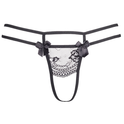 Axami V-8698PS schwarzer Plus-Size String in Vorderansicht mit floraler Spitze, doppelten Seitenriemen und Satinschleifen