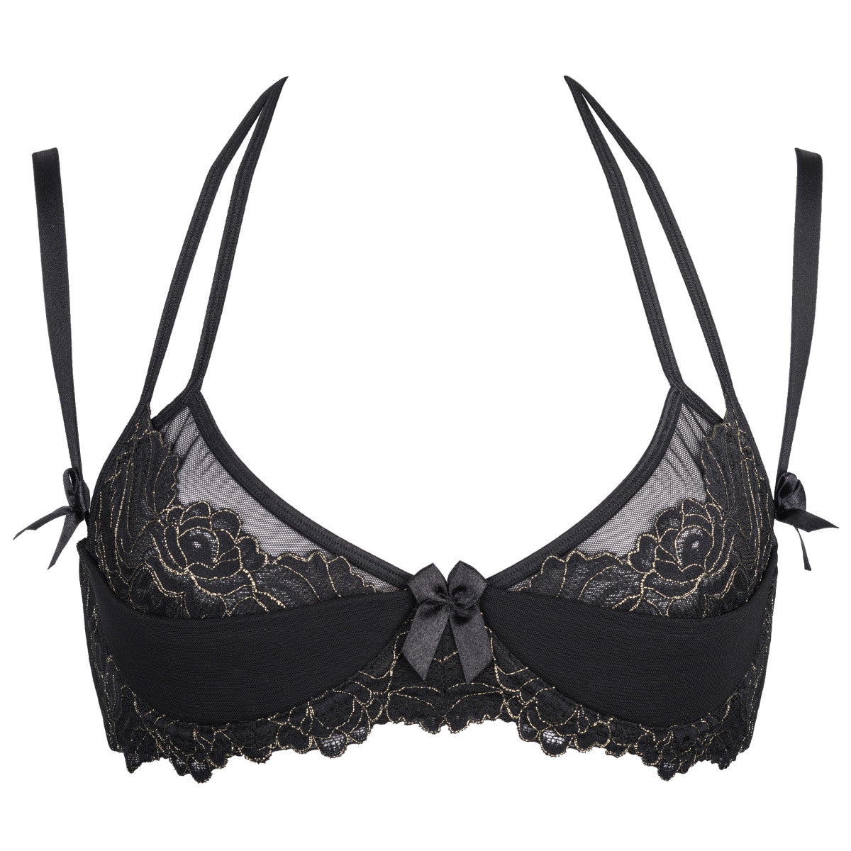 Axami V-8711PS schwarzer Plus-Size Bügel-BH in Vorderansicht mit leicht gepolsterten Cups, transparenten Details und Zierschleifen
