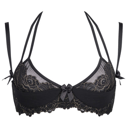 Axami V-8711PS schwarzer Plus-Size Bügel-BH in Vorderansicht mit leicht gepolsterten Cups, transparenten Details und Zierschleifen