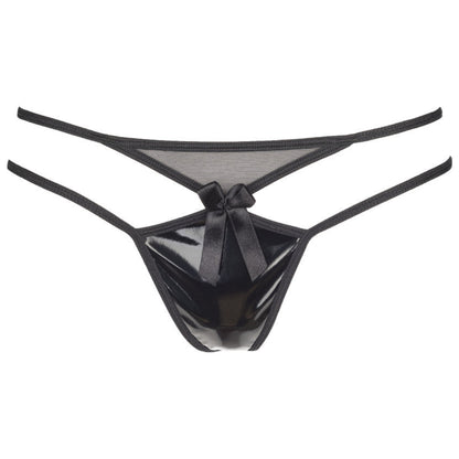 Axami V-8738PS schwarzer Plus-Size String in Vorderansicht mit transparentem Tüll, glänzendem Mittelteil und schmalen Seitenriemen