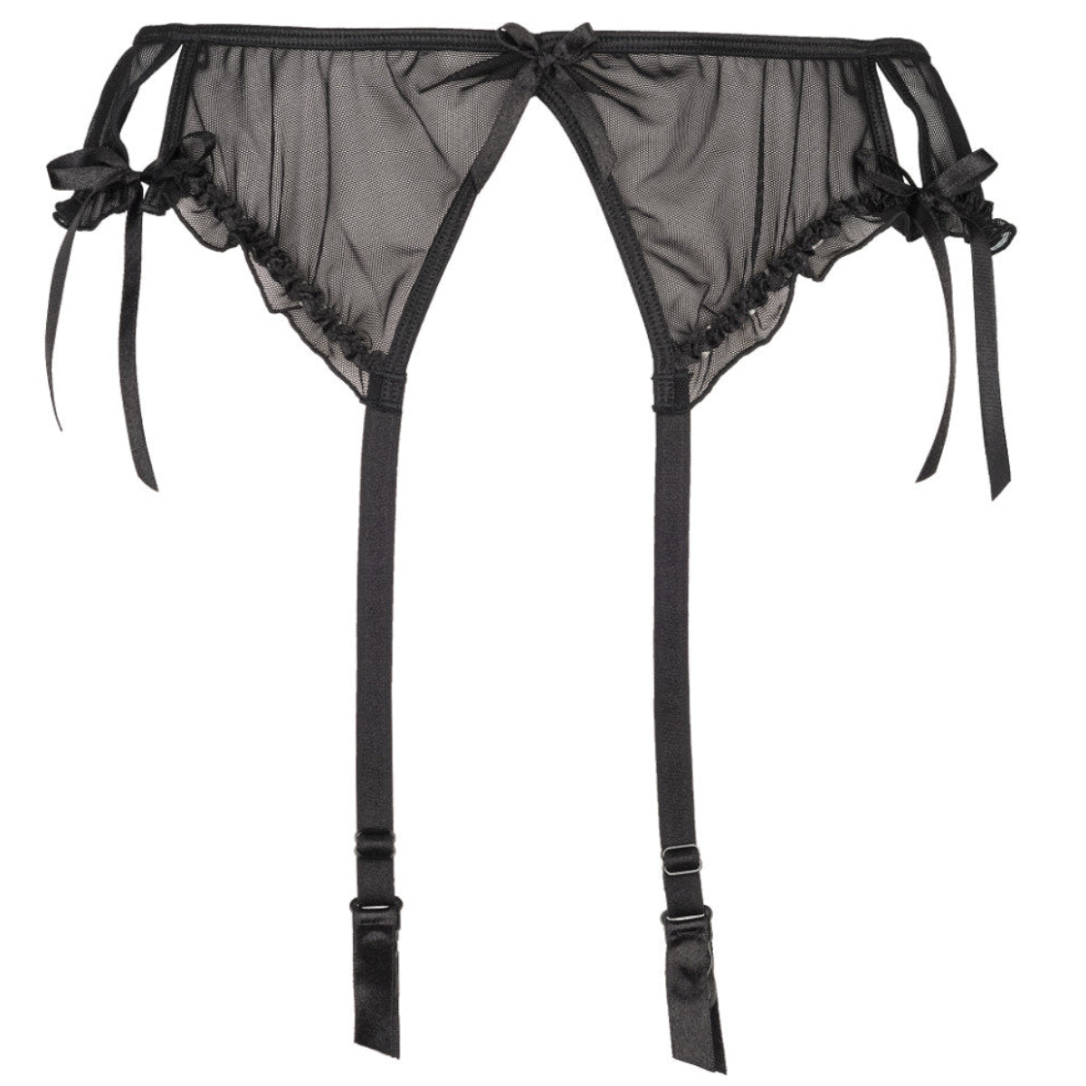 Axami V-8752PS schwarzer Plus-Size Strapsgürtel in Vorderansicht mit transparentem Tüll, Schleifendetails und vier verstellbaren Strumpfhaltern