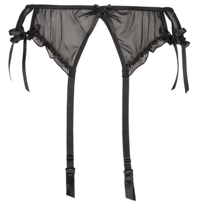 Axami V-8752PS schwarzer Plus-Size Strapsgürtel in Vorderansicht mit transparentem Tüll, Schleifendetails und vier verstellbaren Strumpfhaltern