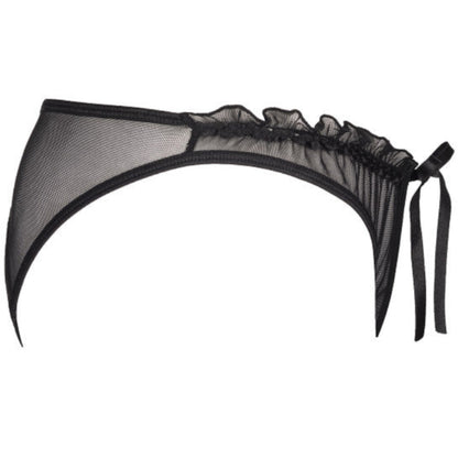 Axami V-8758PS schwarzer Plus-Size String in Seitenansicht mit transparentem Tüll und elastischem Riemenbund