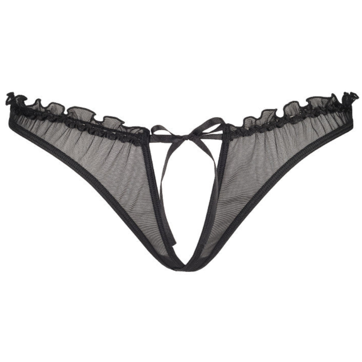 Axami V-8758PS schwarzer Plus-Size String in Vorderansicht mit transparentem Tüll, Front-Cut-out und schmalen Seitenriemen