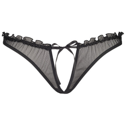 Axami V-8758PS schwarzer Plus-Size String in Vorderansicht mit transparentem Tüll, Front-Cut-out und schmalen Seitenriemen