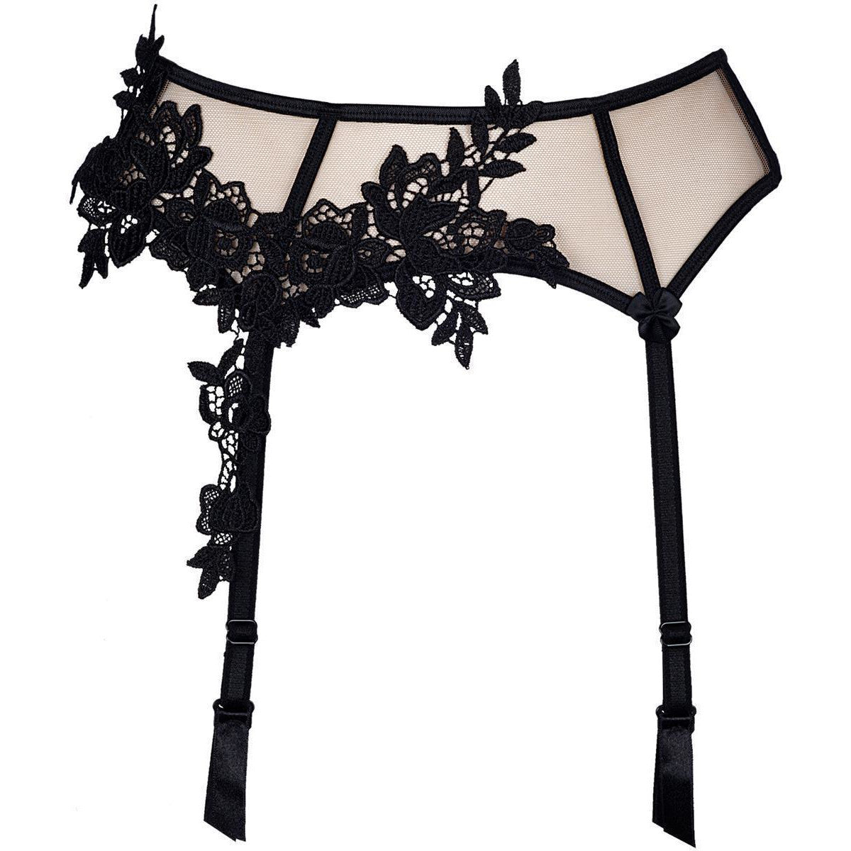 Axami V-8842 Strapsgürtel in Beige-Schwarz – Freisteller von vorne mit transparentem Tüll und schwarzer Blütenspitze