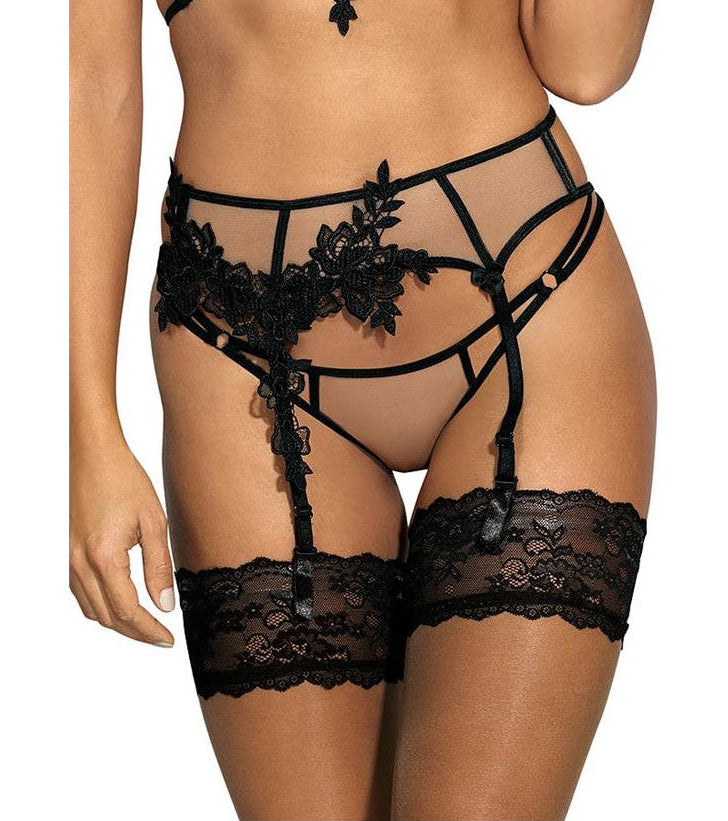 Axami V-8842 Strapsgürtel in Beige-Schwarz getragen – Vorderansicht mit transparentem Tüll, schwarzer Blütenspitze und vier Strumpfhaltern