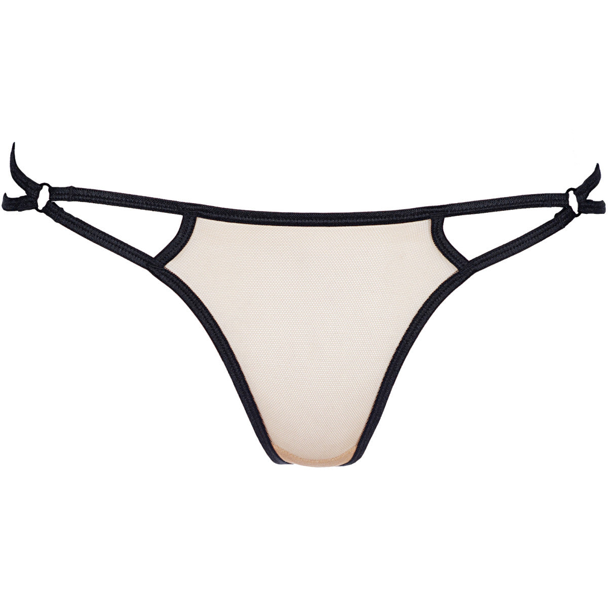 Axami V-8848 String in Beige-Schwarz – Freisteller von vorne mit transparentem Tüll und feinen Doppelriemchen