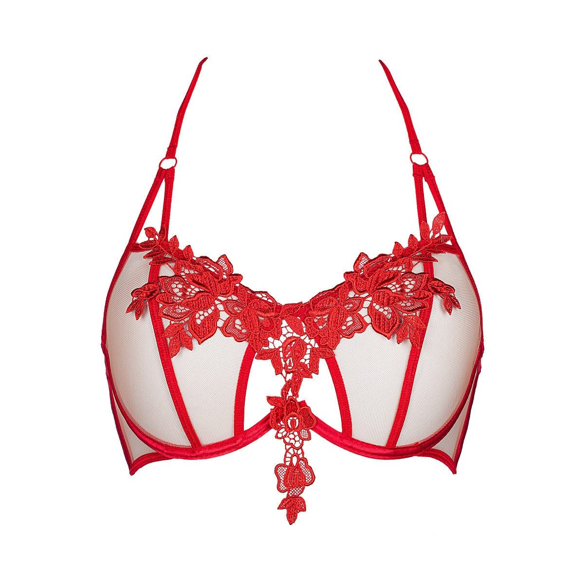 Axami V-8861 Neckholder-Bügel-BH in Rot – Freisteller von vorne mit transparentem Tüll, floraler Spitze und Bügel-Cups