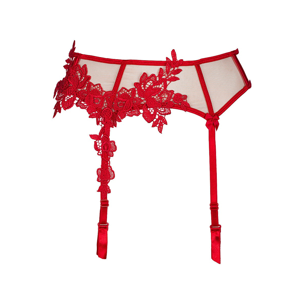 Axami V-8862 Strapsgürtel in Rot – Freisteller von vorne mit floraler Blütenspitze, transparentem Tüll und Strapshaltern